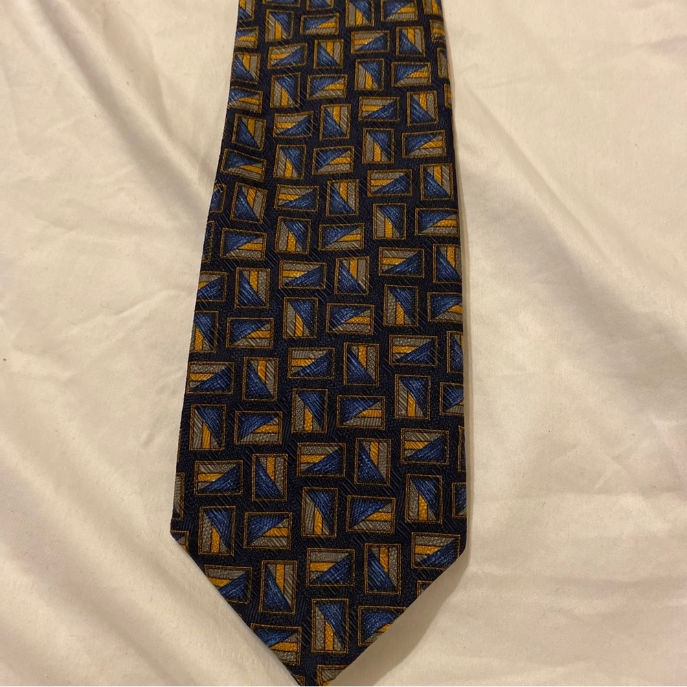 MULBERRY Men's 100% Silk Necktie Geometric Black/ Gold/Blue Design
